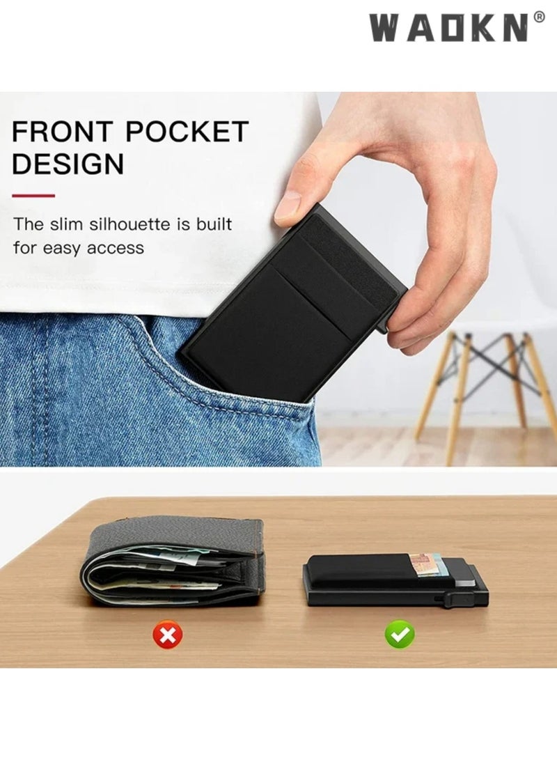 WAOKN Slim Aluminum Pop Up Card Holder Wallet for Men 2025 Upgrade, RFID Blocking Metal Card Case With Screw Reinforced Side Push Design, Holds 5+ Cards & Cash, Unisex Solid Black - Image 3