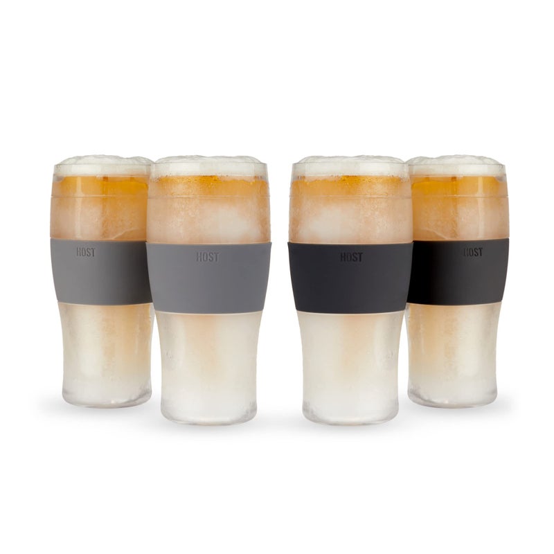 HOST Freeze Beer Glasses 16 ounce Freezer Gel Chiller Double Wall Plastic Frozen Pint Glass Set of 4 Black and Grey
