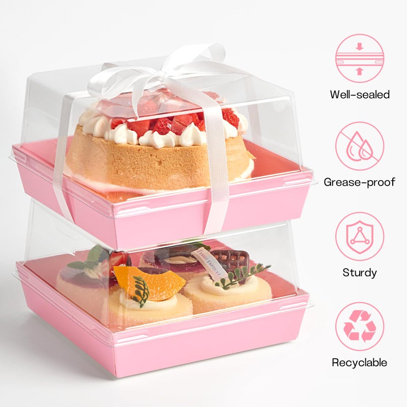 ZORRITA 7 x 7 x 4 Inches Paper Cake Boxes with Clear Lids, 20 Pack Disposable Charcuterie Boxes Square Food Containers for 4-6 Inch Cake, Dessert, Pie, Cupcake, Bakery (Pink) - Image 4