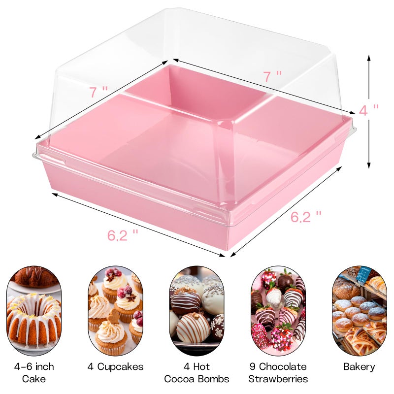 ZORRITA 7 x 7 x 4 Inches Paper Cake Boxes with Clear Lids, 20 Pack Disposable Charcuterie Boxes Square Food Containers for 4-6 Inch Cake, Dessert, Pie, Cupcake, Bakery (Pink) - Image 2