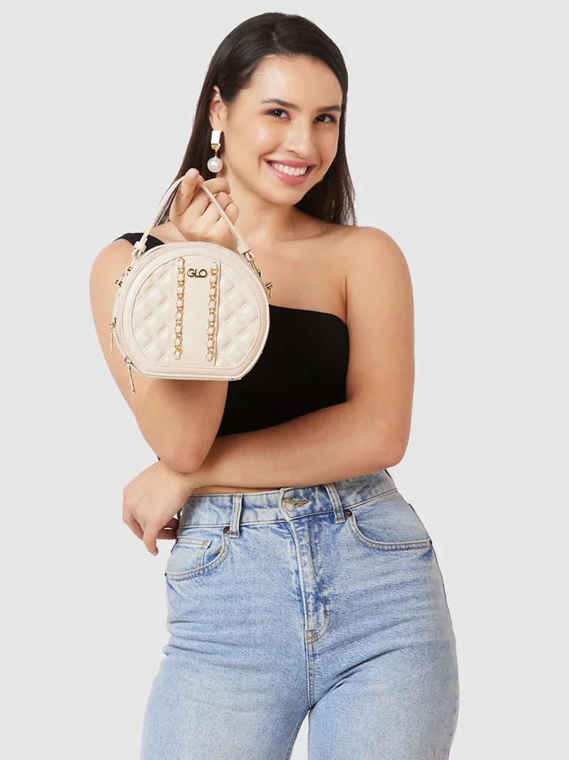 جلو باص حقيبة نسائية كروس بودي مزينة بلون نيود