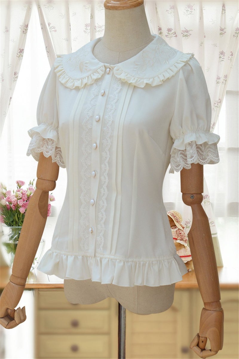 TanQiang Women's Sweet Lolita Shirt Short Puff Sleeve Flower Embroidered Peter Pan Collar White Ruffle Blouse, Large Plus - Image 2