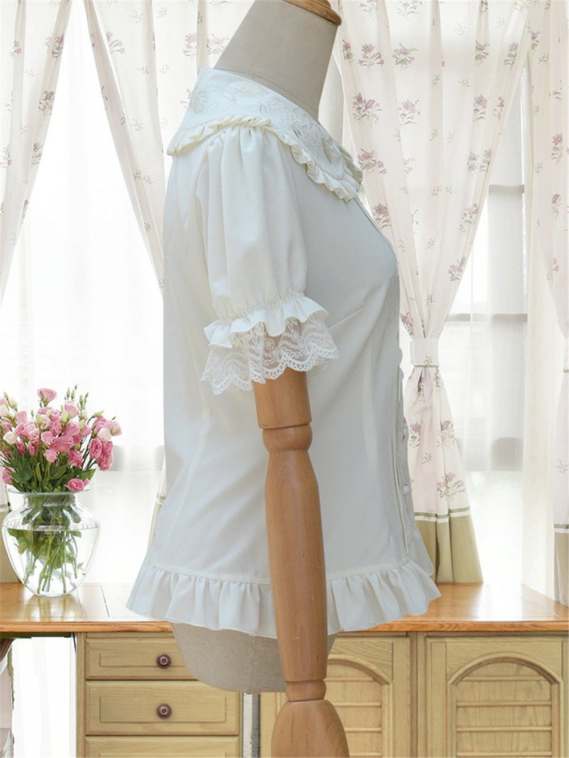 TanQiang Women's Sweet Lolita Shirt Short Puff Sleeve Flower Embroidered Peter Pan Collar White Ruffle Blouse, Large Plus - Image 4