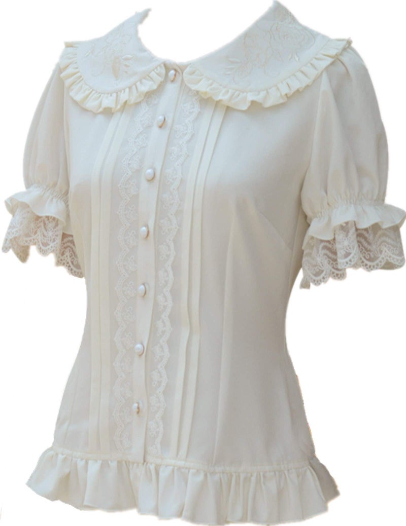 TanQiang Women's Sweet Lolita Shirt Short Puff Sleeve Flower Embroidered Peter Pan Collar White Ruffle Blouse, Large Plus - Image 1