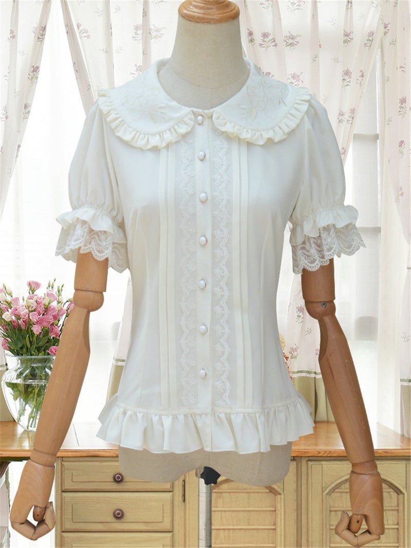 TanQiang Women's Sweet Lolita Shirt Short Puff Sleeve Flower Embroidered Peter Pan Collar White Ruffle Blouse, Large Plus - Image 3