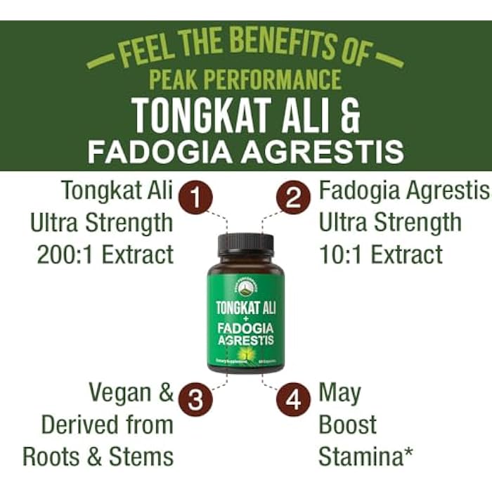 Peak Performance Tongkat Ali + Fadogia Agrestis 2-in-1 T Supplement for Men. Ultra High Strength Tongkat-Ali Longjack Extract + Fadogia Agrestis Extract. Vegan Capsules. Support Natural Energy. USA Tested Pills - Image 2