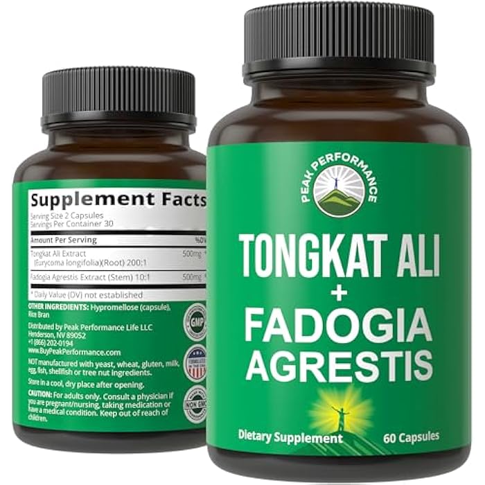 Peak Performance Tongkat Ali + Fadogia Agrestis 2-in-1 T Supplement for Men. Ultra High Strength Tongkat-Ali Longjack Extract + Fadogia Agrestis Extract. Vegan Capsules. Support Natural Energy. USA Tested Pills - Image 1