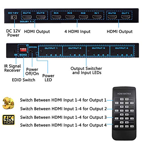 Enbuer HDMI Matrix Switch 4x4, 4K HDMI Matrix Switcher Splitter 4 in 4 Out Box with EDID and IR Remote Control Support 4K HDR, HDMI 2.0b, HDCP 2.2, 4K@60Hz, 3D, YUV 4:4:4 - Image 5