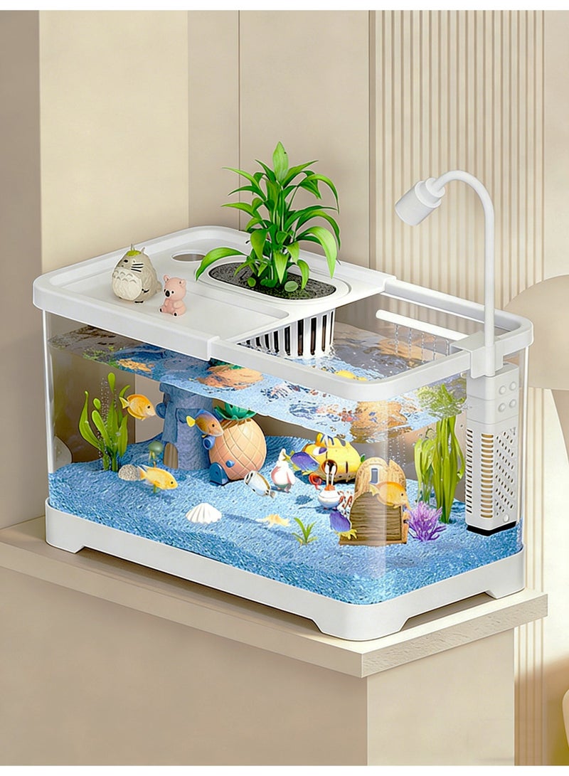 حوض أسماك مكتبي مع حامل نباتات وإضاءة LED، مجموعة حوض أسماك متكاملة مع نظام ترشيح، رؤية واضحة بزاوية 360 درجة، مثالي للأسماك الصغيرة وأسماك البيتا والسمك الذهبي والسلاحف، ديكور للمكتب المنزلي وهدية للمبتدئين، أبيض، 8028-L - Image 1