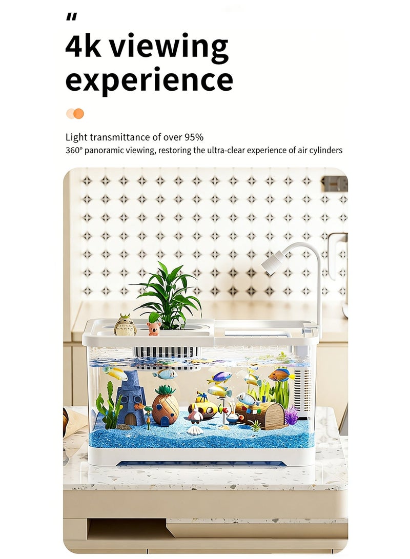 حوض أسماك مكتبي مع حامل نباتات وإضاءة LED، مجموعة حوض أسماك متكاملة مع نظام ترشيح، رؤية واضحة بزاوية 360 درجة، مثالي للأسماك الصغيرة وأسماك البيتا والسمك الذهبي والسلاحف، ديكور للمكتب المنزلي وهدية للمبتدئين، أبيض، 8028-L - Image 3