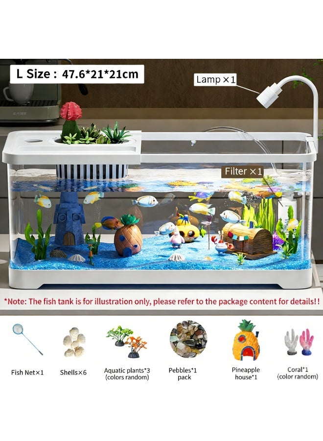 حوض أسماك مكتبي مع حامل نباتات وإضاءة LED، مجموعة حوض أسماك متكاملة مع نظام ترشيح، رؤية واضحة بزاوية 360 درجة، مثالي للأسماك الصغيرة وأسماك البيتا والسمك الذهبي والسلاحف، ديكور للمكتب المنزلي وهدية للمبتدئين، أبيض، 8028-L - Image 2
