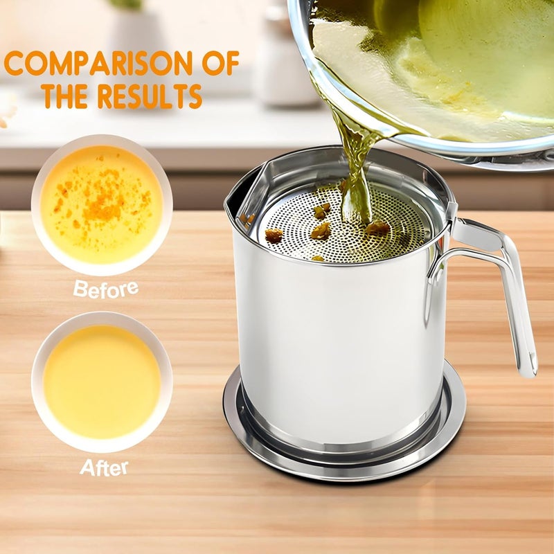 Chihee Oil Strainer Pot Grease Can 2 L Stainless Steel Oil Storage Can Container with Fine Mesh Strainer Dust-Insect-proof lid Non-slip Plate Suitable for Storing Frying Oil and Cooking Grease - Image 3