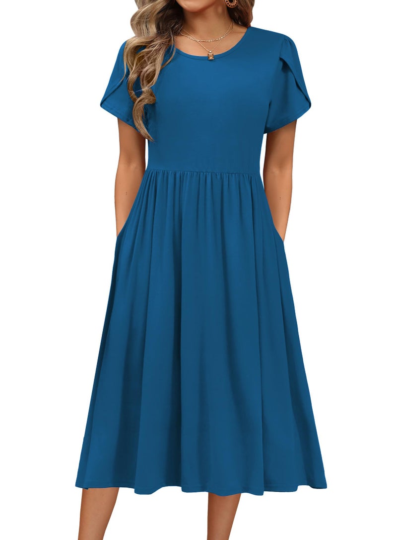HOTOUCH Midi Dresses for Women 2026 Short Sleeve Crewneck Aline Flowy Tshirt Dress with Pockets Blue Beach Sundress Travel Vocation OutfitsL - Image 1