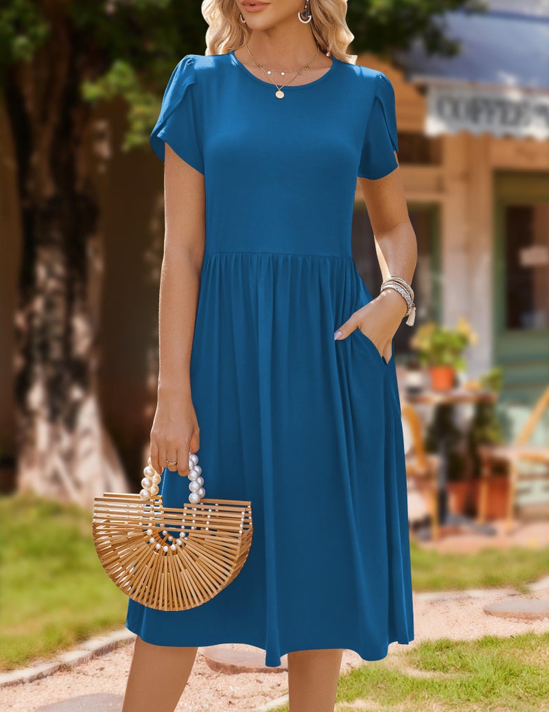 HOTOUCH Midi Dresses for Women 2026 Short Sleeve Crewneck Aline Flowy Tshirt Dress with Pockets Blue Beach Sundress Travel Vocation OutfitsL - Image 2
