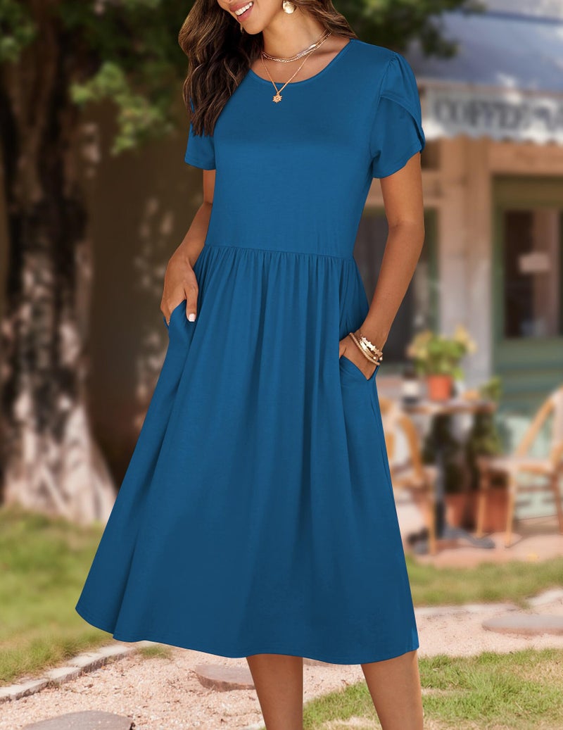 HOTOUCH Midi Dresses for Women 2026 Short Sleeve Crewneck Aline Flowy Tshirt Dress with Pockets Blue Beach Sundress Travel Vocation OutfitsL - Image 3