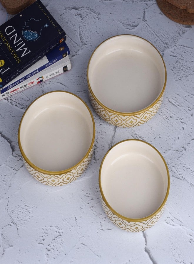 SEPARATE WAY Ceramic Bowls | Flat Deep Serving Bowl Set of 3 – 800ml, 600ml, 500ml | Glossy Moroccan Golden Finish | Ideal for Pasta, Salad, Snacks & More | Multipurpose Serving Bowl Ceramic Set - Image 4