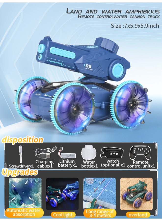 Loquat Children's Lights Amphibious Water Jet Remote Control Car Gesture Sensor Can Fire Water Cannon Tank Car Stunt Car Toy-Color:Amphibious Tank Vehicle  Dark Blue-Specifications:Single Battery - Image 1