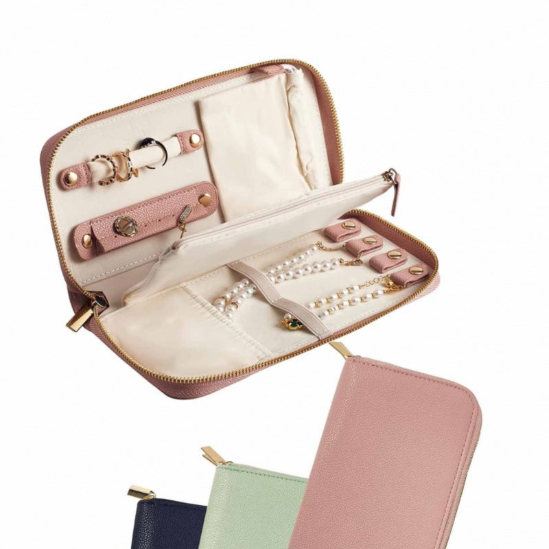 Jewelry Organizer Leather Pouch: 24.5*3.5*12 CM - Compact Portable Design With Tangling-preventing Compartments Pink Travel Pouch for Travelers And Jewelry Owners - Image 1