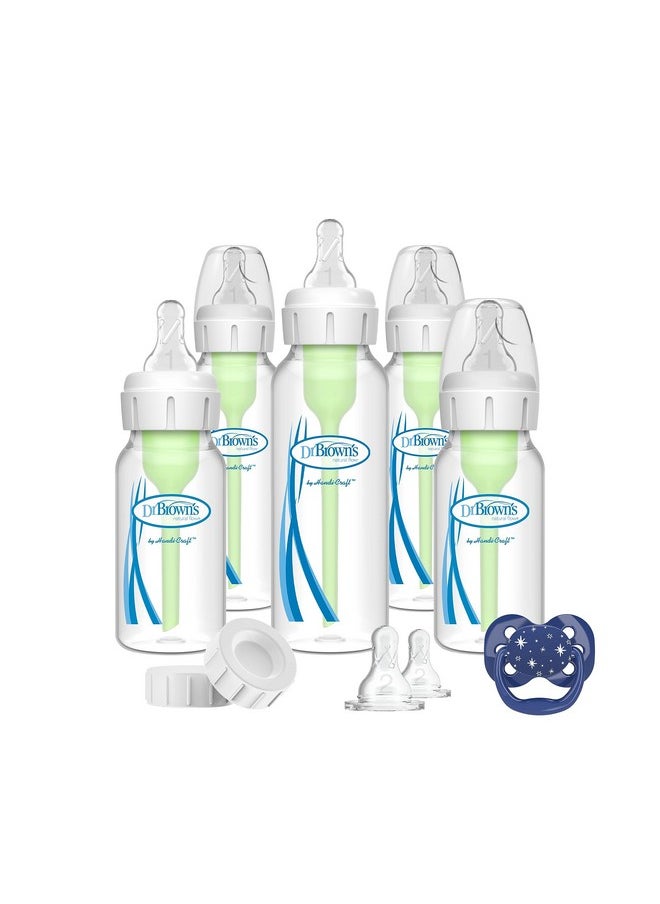 Dr. Brown's - مجموعة هدايا زجاجات الرضاعة الضيقة من دكتور براونز، خيارات التدفق الطبيعي المضادة للمغص + مع لهاية Advantage وأغطية سفر للزجاجات - Image 1