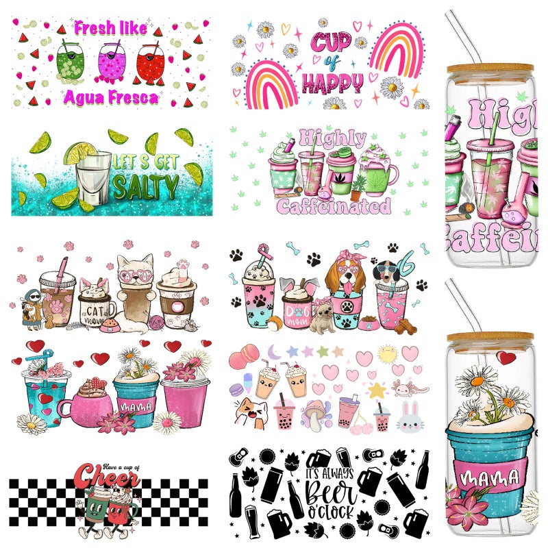 Coowayze UV DTF Cup Wraps Transfer Stickers for 16 oz Glass Cups 10 Sheets Cup Transfer Wraps Rub on Transfers Decals for Crafts Furniture Waterproof Uvdtf Cup Vinyl Wrap Bulk for Libbey Cups Tumblers Wood - Image 3