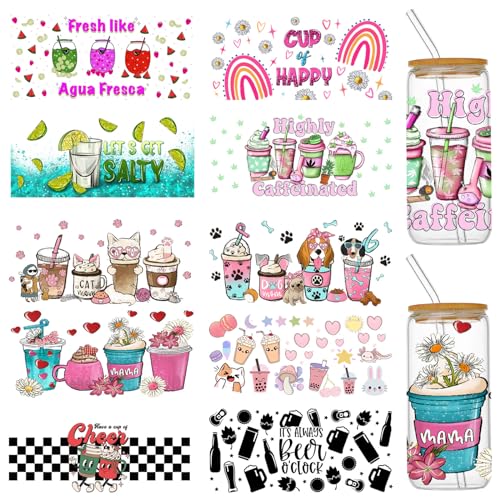 Coowayze UV DTF Cup Wraps Transfer Stickers for 16 oz Glass Cups 10 Sheets Cup Transfer Wraps Rub on Transfers Decals for Crafts Furniture Waterproof Uvdtf Cup Vinyl Wrap Bulk for Libbey Cups Tumblers Wood - Image 1