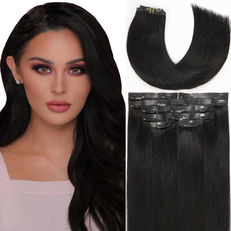 Lacer Hair Seamless Hair Extensions 1 Off Black Ultra Thin Double Weft PU Invisible Clip in Hair Extensions Remy Human Hair Clip in 7pcs 110g 14 Inch