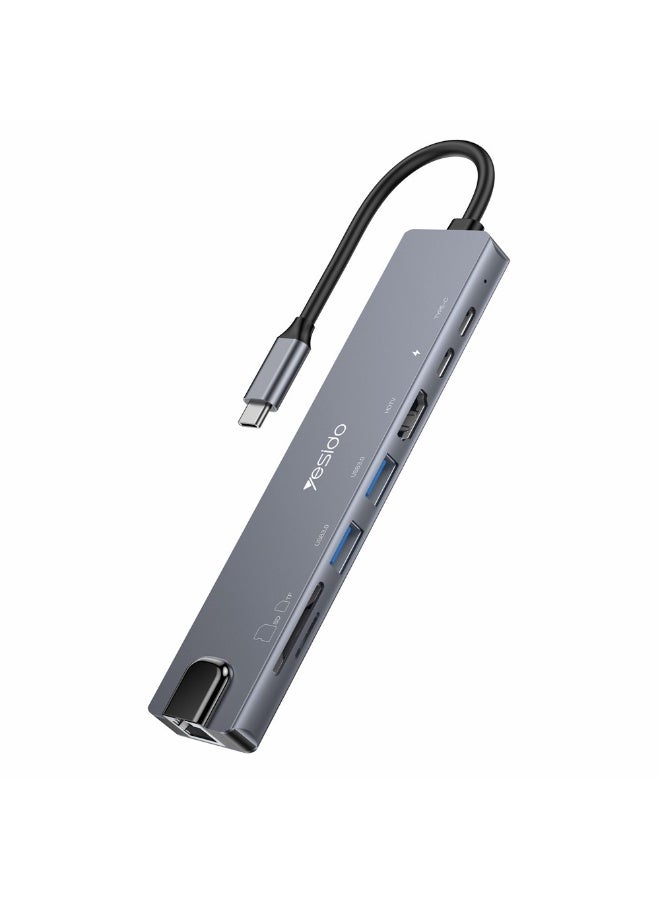 Yesido HB27 8-in-1 Type-C Hub & Docking Station - Multiport Adapter with 4K HDMI, Gigabit RJ45 Ethernet, 100W PD Fast Charge & USB 3.0 SD/TF - Dark Grey