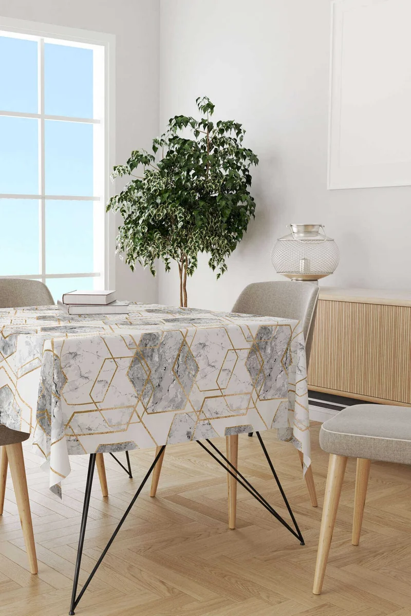 كانغو هوم White Gray Geometric Abstract Marble Patterned Digital Printed Tablecloth YLMS90-MS