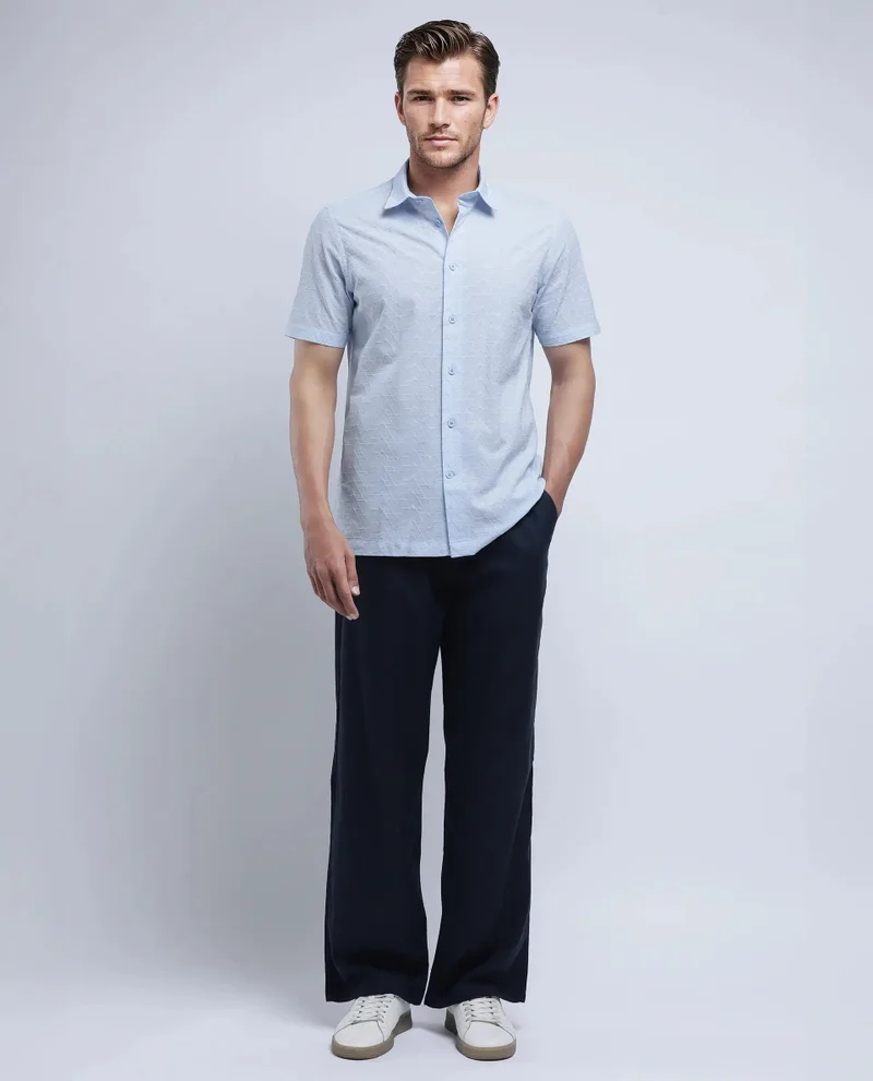 Rare Rabbit Rare Rabbit Men's Shek Blue Cotton Fabric Short Sleeve Collared Neck Button Closure Textured Shirt