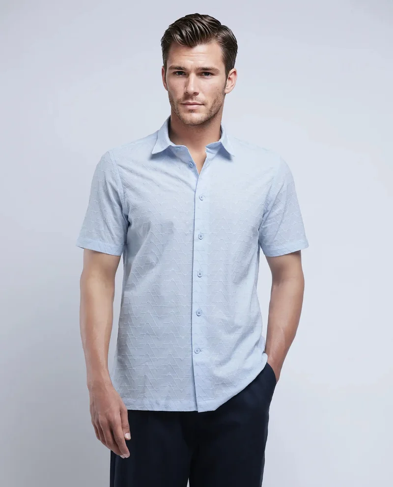 Rare Rabbit Rare Rabbit Men's Shek Blue Cotton Fabric Short Sleeve Collared Neck Button Closure Textured Shirt