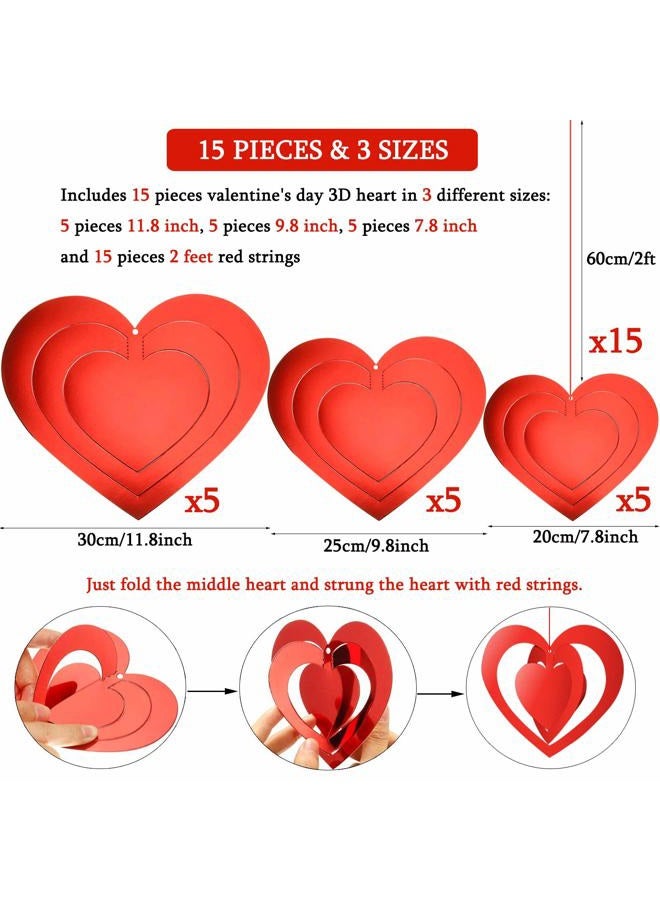 PTFNY 15 Pieces Valentine's Day 3D Heart Hanging Decorations Red Hearts Hanging Ornaments with Red Ribbons Party Supplies for Indoor Outdoor Bridal Shower Anniversary Wedding Party Decorations - Image 2