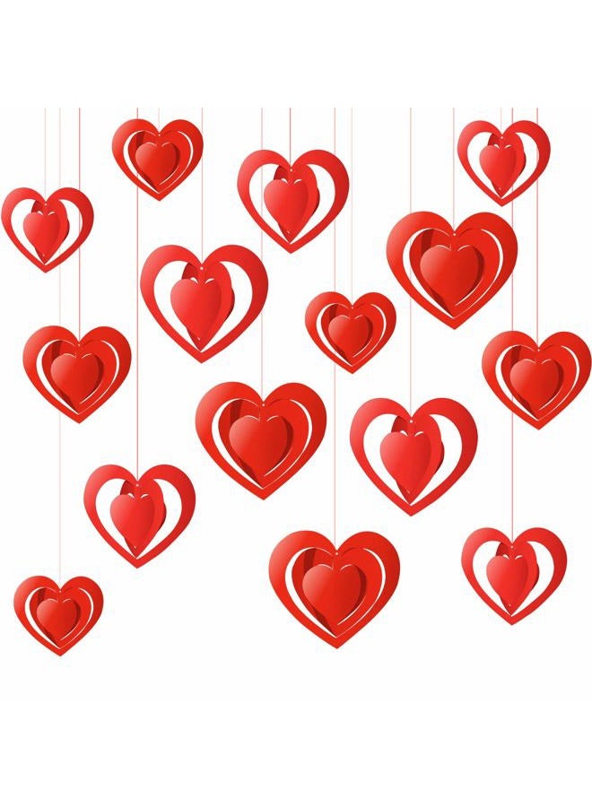 PTFNY 15 Pieces Valentine's Day 3D Heart Hanging Decorations Red Hearts Hanging Ornaments with Red Ribbons Party Supplies for Indoor Outdoor Bridal Shower Anniversary Wedding Party Decorations - Image 1