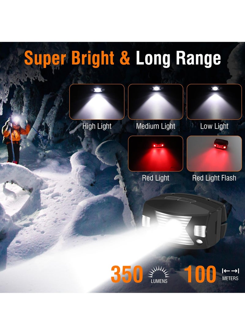 Super Bright 350LM Rechargeable Waterproof Headlamp with Red Light and Motion Sensor, 5 Modes LED Headlight for Camping, Running, Fishing and More,  for Adults and Kids - Image 2