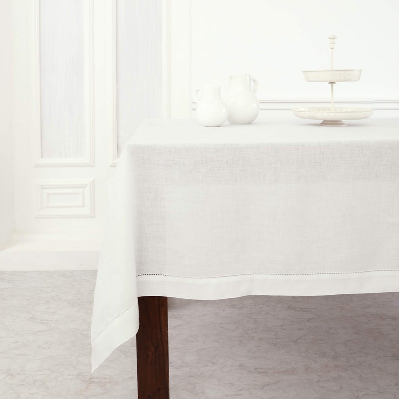 Solino Home Solino Home Linen Tablecloth 60 x 108 Inch  Classic Hemstitch 100 Pure Linen White Table Cloth for Rectangle Tables  Machine Washable Fabric Tablecloth for Spring 4th of July Memorial Day Summer 