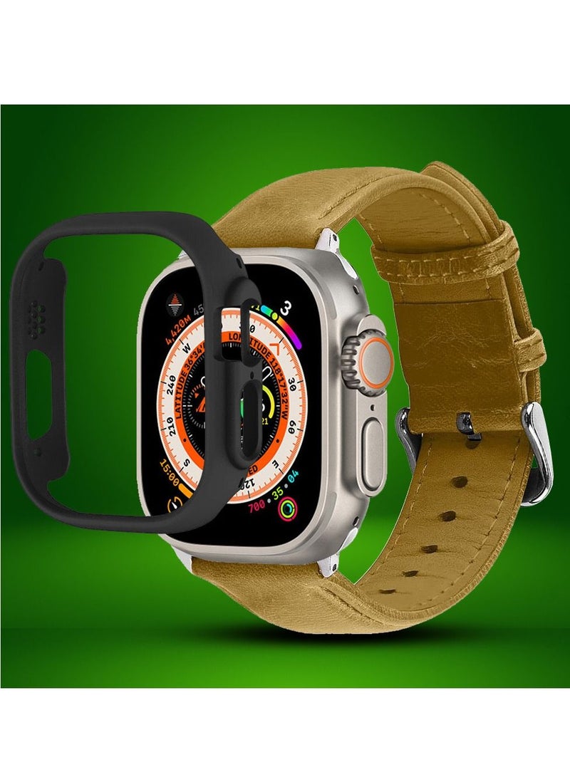 CATANES 2 Packs For Apple Watch Band 49mm Leather Band Buckle Strap Wristband and Black Cup Holder Brown - Image 2