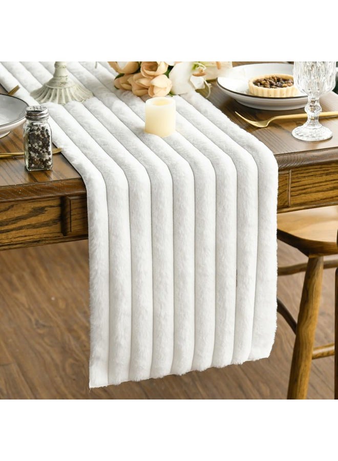 Artoid Mode Ivory Soft Plush Faux Fur Jacquard Table Runner, Holiday Seasonal Kitchen Dining Table Decoration for Home Party Decor 12x72 Inch - Image 1