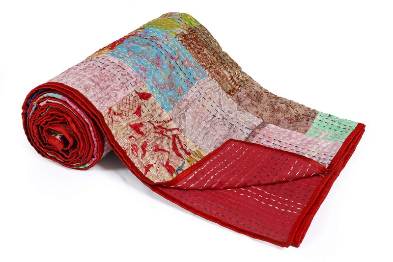 Handicraft-Palace Double Kantha Quilted Quilt Blanket Silk Patchwork Bedspread Gudri (Red_110" X90 Inch) - Image 2