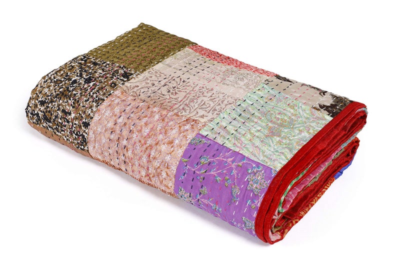 Handicraft-Palace Double Kantha Quilted Quilt Blanket Silk Patchwork Bedspread Gudri (Red_110" X90 Inch) - Image 3