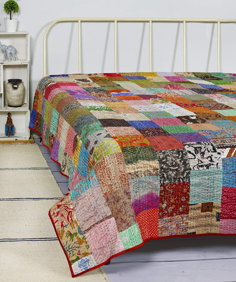 Handicraft-Palace Double Kantha Quilted Quilt Blanket Silk Patchwork Bedspread Gudri (Red_110" X90 Inch) - Image 1