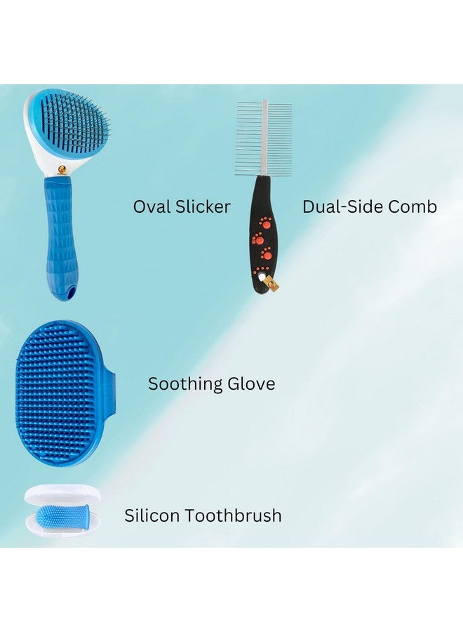 مجموعة تنظيف/تزيين 4 في 1 للحيوانات الأليفة تتكون من مشط بيضاوي ومشط ثنائي الجانب وقفاز مهدئ وفرشاة أسنان سيليكون للأصابع | مناسبة للكلاب والجراء والقطط - Image 3