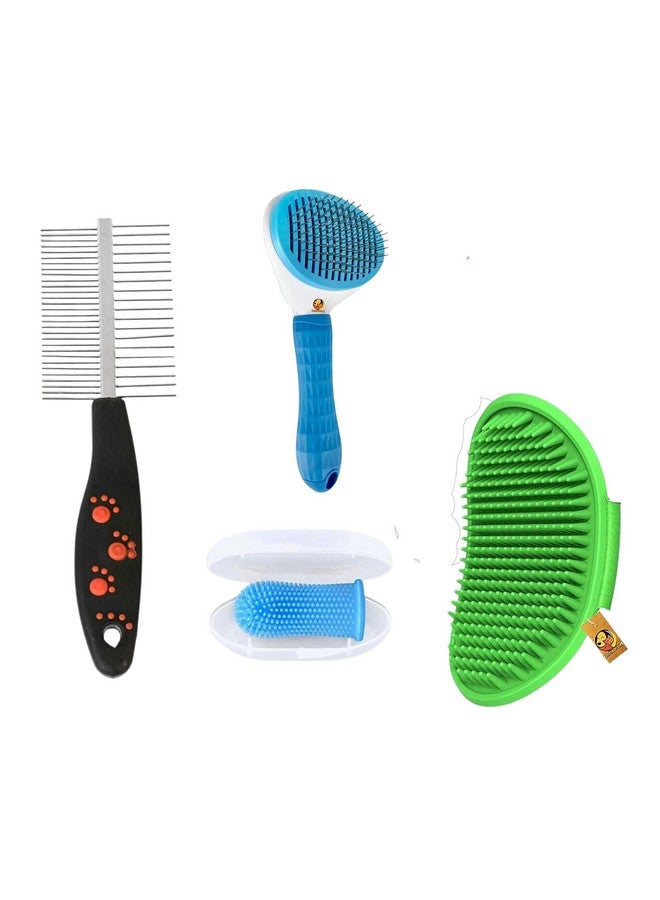 مجموعة تنظيف/تزيين 4 في 1 للحيوانات الأليفة تتكون من مشط بيضاوي ومشط ثنائي الجانب وقفاز مهدئ وفرشاة أسنان سيليكون للأصابع | مناسبة للكلاب والجراء والقطط - Image 1