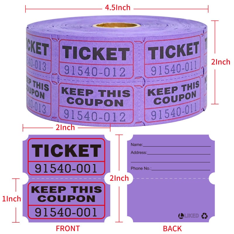 L Liked Raffle Tickets Double Roll 1000 Per Roll 50/50 Raffle Tickets For Events Carnivals  Entry  Class Reward  Prizes(Purple) - Image 2