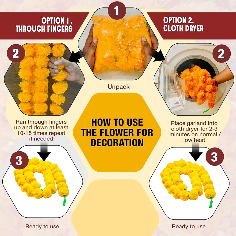 DIYANA IMPEX Marigold Garland For Decoration 5 Feet Long Strands Artificial Marigold Flowers Indian Dcor For Pooja Wedding Christmas Events Orange 5 1448 CM - Image 2