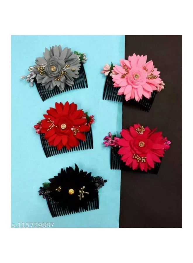 DN Creation Set of 4 Floral Side Clip Comb Juda Pin, Bridal Fancy Hair Accessories and Girls - Assorted Color - Image 2