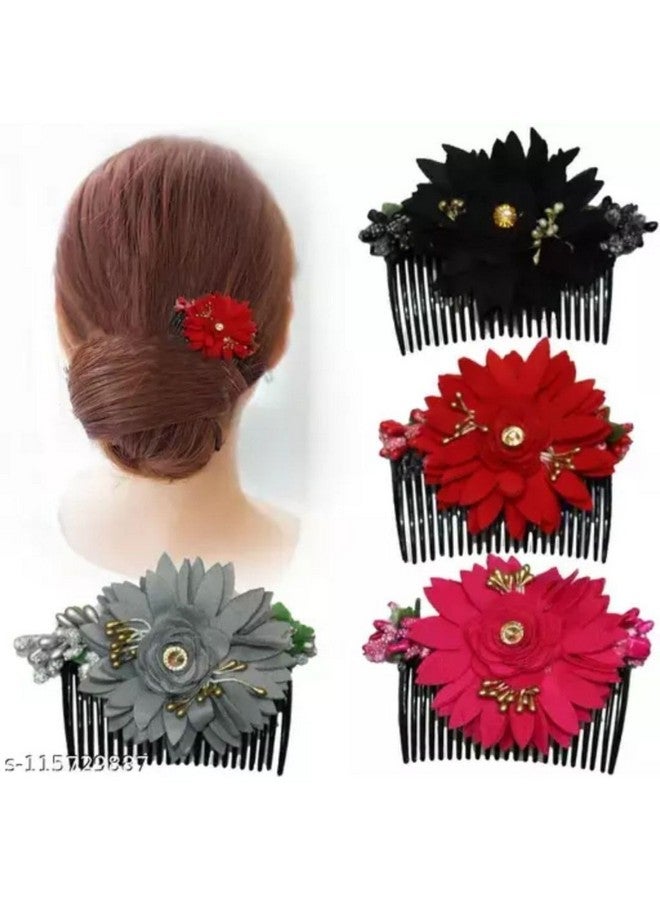 DN Creation Set of 4 Floral Side Clip Comb Juda Pin, Bridal Fancy Hair Accessories and Girls - Assorted Color - Image 1
