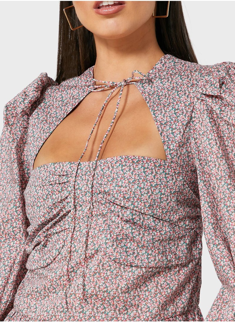LOST INK Ruched Detail Printed Peplum Top  - Image 3