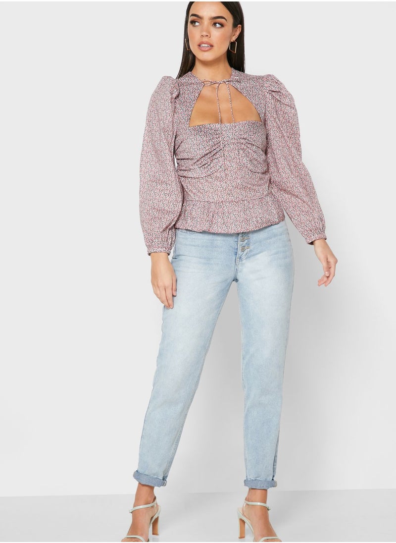 LOST INK Ruched Detail Printed Peplum Top  - Image 4