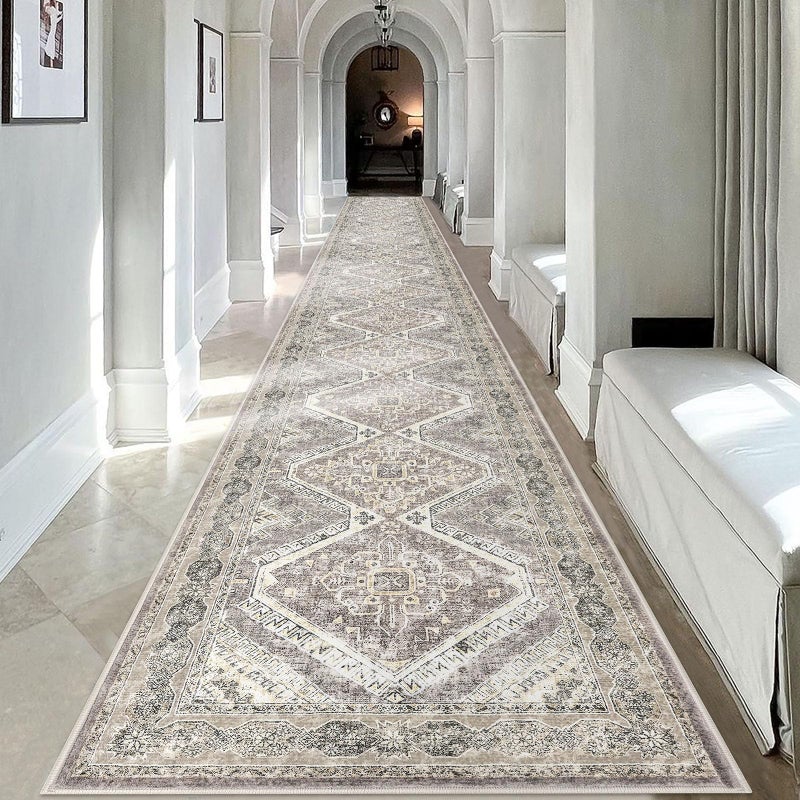 KUTA Extra Long Runner Rug for Hallway 2.6x18ft, Oriental Washable Kitchen Rugs, Ivory Grey Yellow Brown Non-Slip Stair Runners Indoor Soft Printed Vintage Carpet for Bedroom Living Room Nursery - Image 1