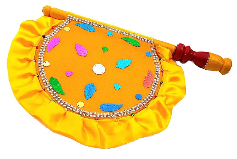 DIGSMORDEN DIGSMORDEN Velvet Cloth Hand Made Beautiful Traditional Yellow Color Hand Fan with Wooden Handle Work for Cool Air Home Decor Travel use  - Image 3