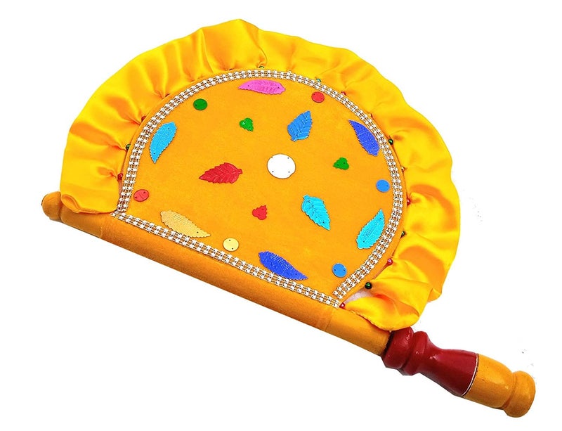DIGSMORDEN DIGSMORDEN Velvet Cloth Hand Made Beautiful Traditional Yellow Color Hand Fan with Wooden Handle Work for Cool Air Home Decor Travel use  - Image 4